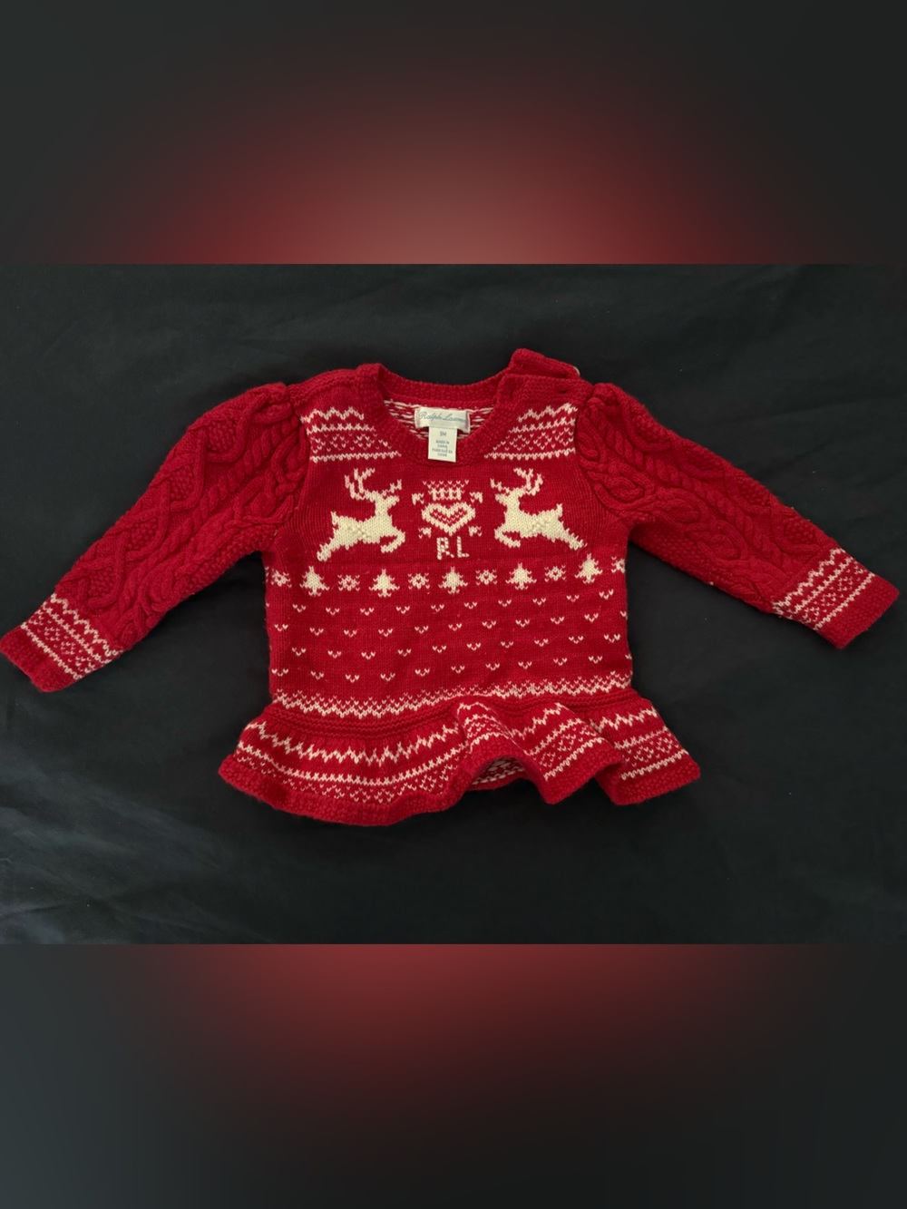 Ralph Lauren Red Reindeer Knit Peplum Sweater size 9mo